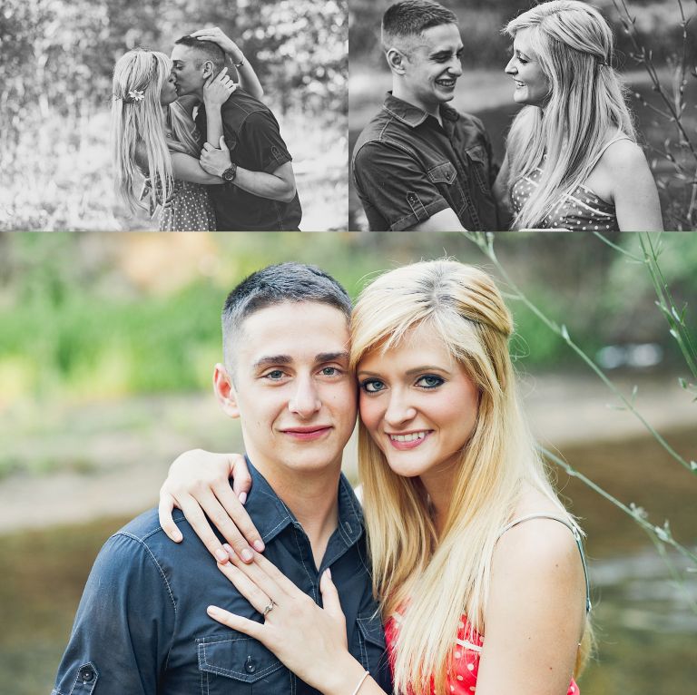 Hugging engaged couple he in khaki shorts and blue shirt, she in a red dress