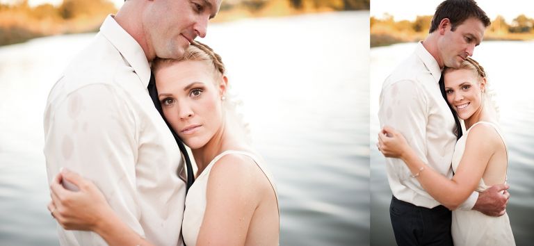 bride and groom in river